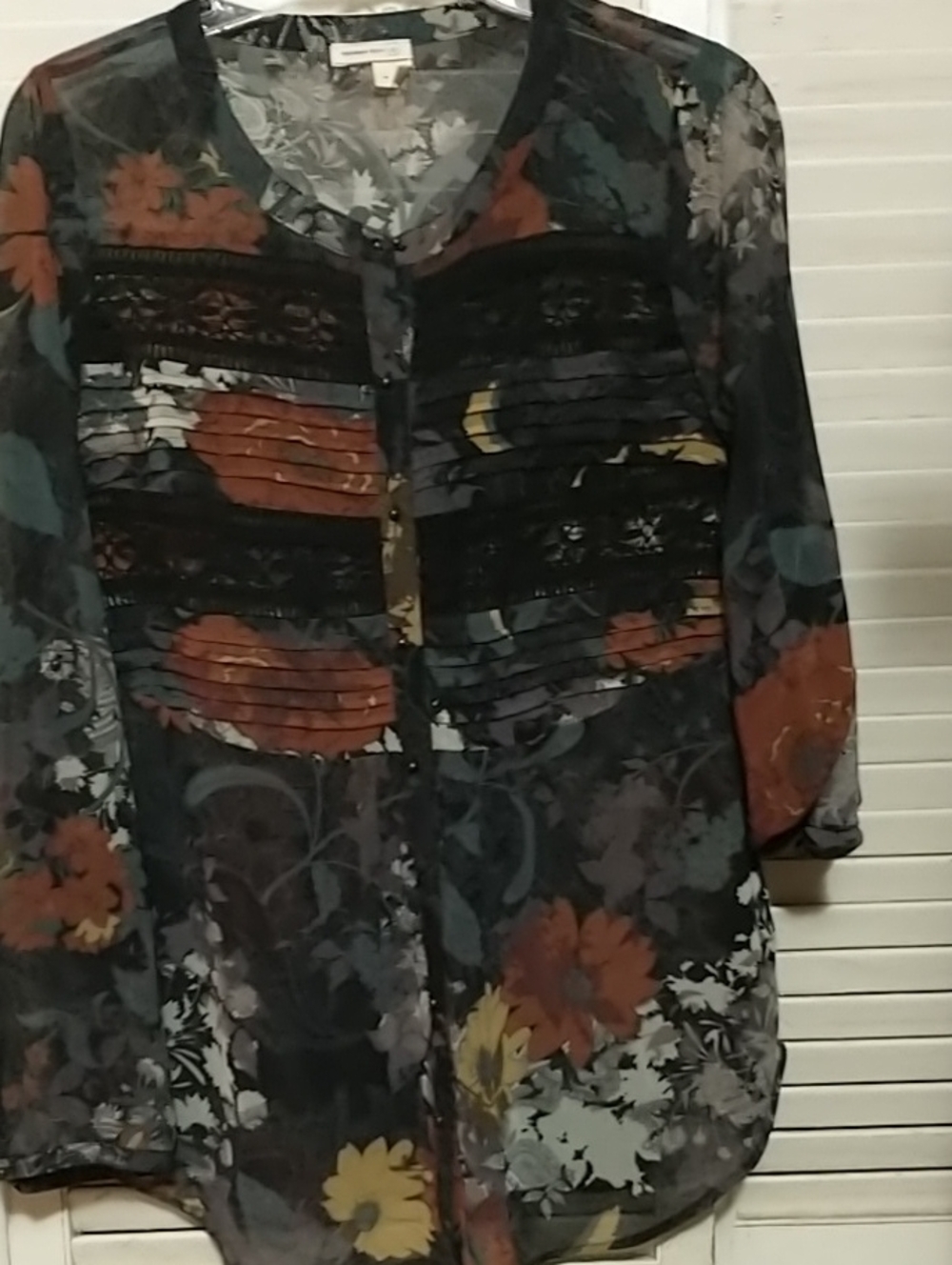 Meadow Rue long sleeve Sheer Floral Button top Black Burnt Orange & Teal sz SM